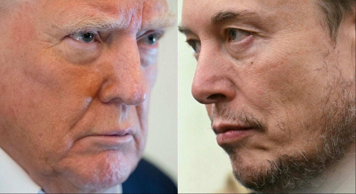(COMBO) This combination of pictures created on June 06, 2025 shows US President Donald Trump aboard Air Force One on May 4, 2025 returning to the White House after spending the weekend in Florida, and Elon Musk in the Oval Office of the White House in Washington, DC, on May 21, 2025. Trump and Musk's unlikely political marriage exploded in a fiery public divorce on June 5, 2025. The President Trump said in a televised Oval Office diatribe that he was "very disappointed" after his former aide and top donor criticized his "big, beautiful" spending bill before Congress. The pair then hurled insults at each other on social media -- with Musk even posting, without proof, that Trump was referenced in government documents on disgraced financier and sex offender Jeffrey Epstein. (Photo by SAUL LOEB and Jim WATSON / AFP)