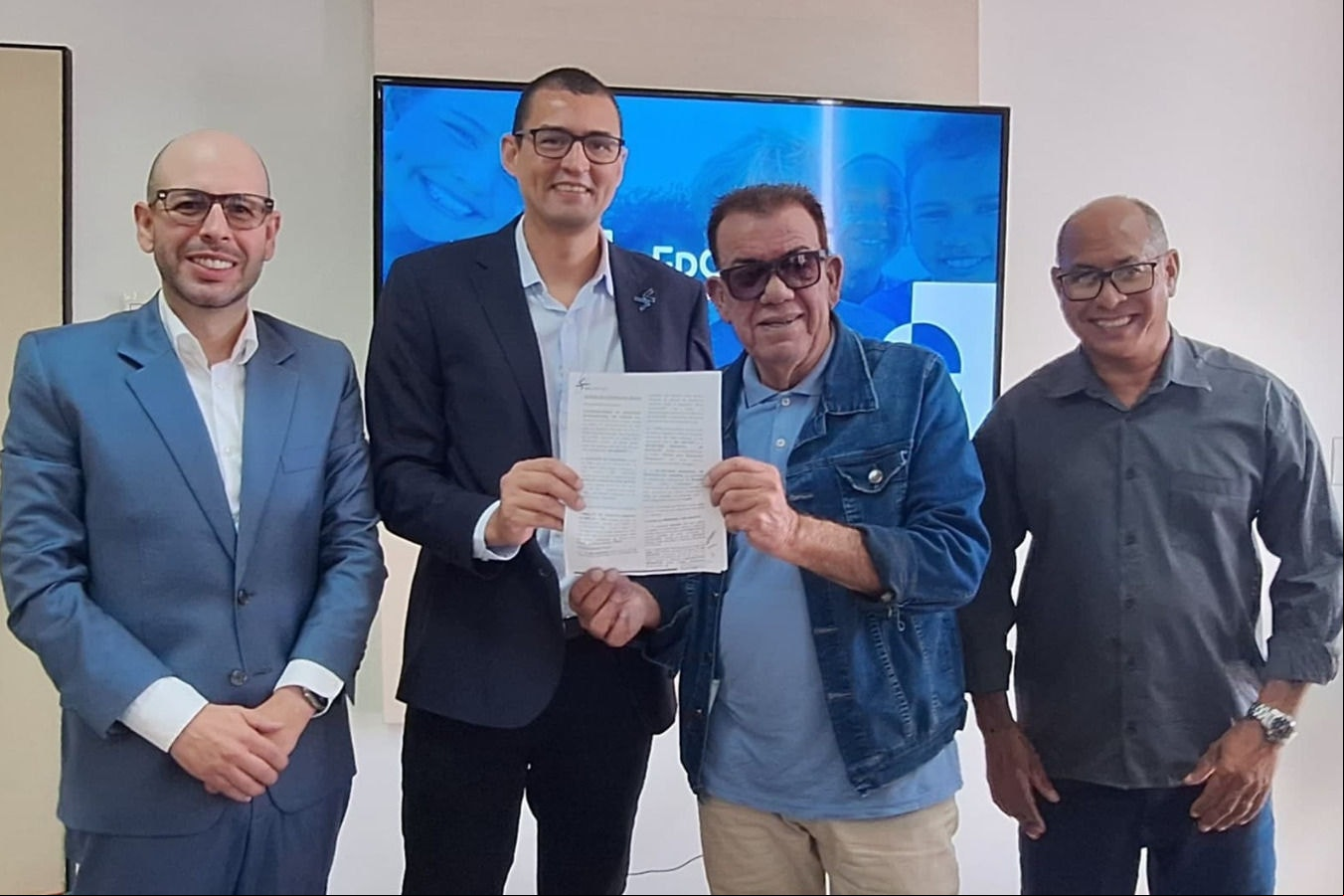 Rodrigo Godoy, CEO da FdG; Daniel Miranda, CEO do BH Airport; Geraldo Gonçalves dos Santos, Prefeito de Confins e Uales Lucas Ribeiro, Vice-Prefeito de Confins